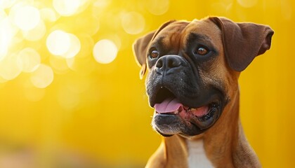 Fototapeta premium Boxer against a sunlit yellow background, capturing the breed's strength and vitality, Boxer on yellow background.