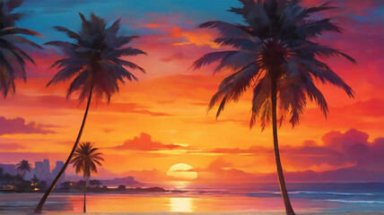 Fototapeta na wymiar a beach with palm trees and sunset view