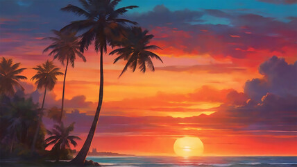 a beach with palm trees and sunset view