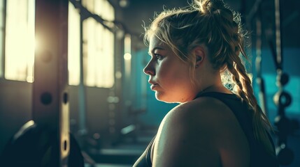 Portrait of a fat woman doing sports in the gym. Motivation for a healthy lifestyle. illuminated with dynamic composition and dramatic lighting. - obrazy, fototapety, plakaty