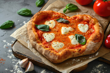 Valentines Day classic Italian pizza Margherita in the shape of a heart and mozzarella