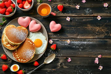 Fototapeta na wymiar Valentines or Mothers Day brunch table scene. Top view on a dark wood background. Heart shaped pancakes, eggs and an assortment