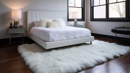 Detailed image of a soft, shaggy area rug on a sleek, dark laminate floor in a chic bedroom