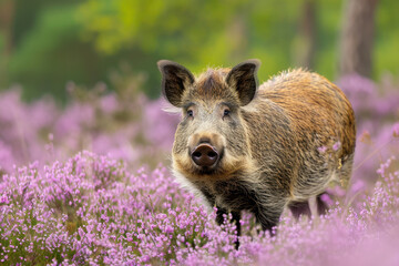 Wild Boar standing in flowering heather