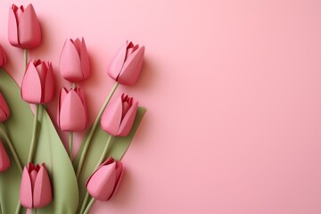 pink tulips flowers with a paper texture isolated on pink background, copy-space, valentine's day, mother day