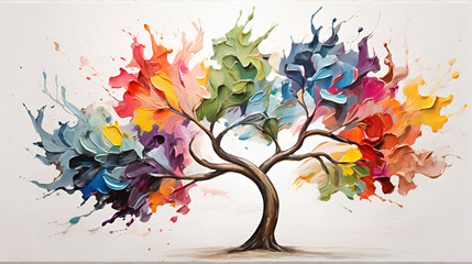 Brush painting from a  tree multi color abstract white background. generated by AI