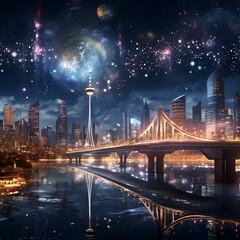 Fototapeta na wymiar Nighttime skyline with illuminated bridges.