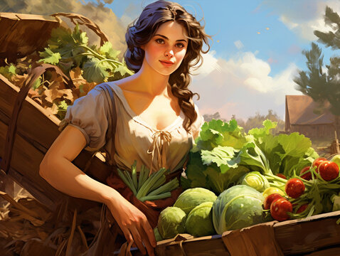 Woman farmer holding vegetables in a bucket - ai generative