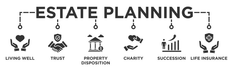Estate planning banner web icon vector illustration concept with icon of living well, trust, property disposition, charity, succession, life insurance