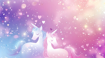 Vector unicorn background with hearts, lights and stars. Holiday background.