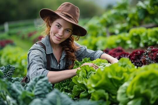 Happy female farmer with a traditional hat cultivating organic fresh vegetables with a big copy space, Generative AI.