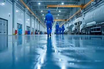 In a factory, blue jumpsuit-clad cleaning firm employees polish fresh epoxy flooring, space, Generative AI. - obrazy, fototapety, plakaty