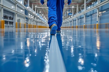 In a factory, blue jumpsuit-clad cleaning firm employees polish fresh epoxy flooring, space, Generative AI.