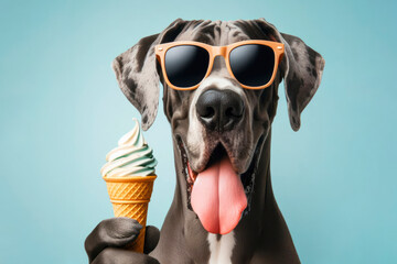 Great Dane dog wear sun glasses with tongue hanging out eat ice cream cone on solid color background. ai generative - obrazy, fototapety, plakaty