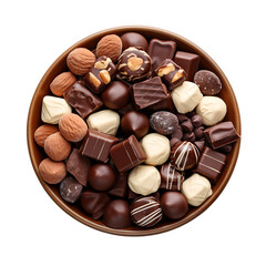 chocolate candies in a bowl isolated on a transparent white background, PNG	