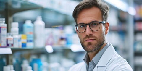 A handsome male pharmacist working in a pharmacy