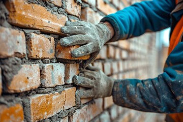 On a construction site, a bricklayer erects bricks on the building's externally wall, space, Generative AI.