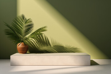 Leafy plant and rectangular empty product podium in front of pastel color wall