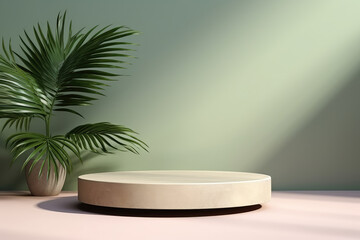 Leafy plant and round empty product podium in front of pastel color wall