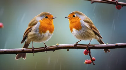 Poster de jardin  two robin birds on branch, nature, bird photography, copy space, 16:9  © Christian Bunge