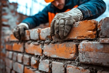 On a construction site, a bricklayer erects bricks on the building's externally wall, space, Generative AI.