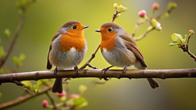 two robin birds on branch, nature, bird photography, copy space, 16:9