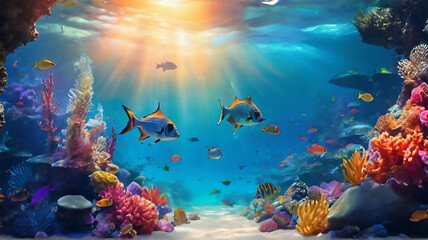 Fototapeta na wymiar underwater coral and gold fish beauty of the nature