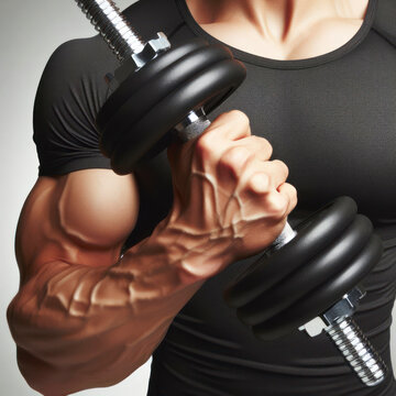 mans Arm hold dumbbell isolated on white background. ai generative