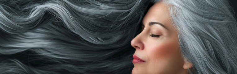 Obraz premium Woman With Grey Hair Blowing in Wind