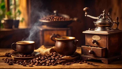 Foto auf Alu-Dibond Kaffee Bar Cup of coffee, grains  beautiful vintage background