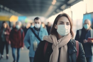 Fototapeta na wymiar Young woman wearing face mask at the airport. Coronavirus concept. Medical Mask. Pandemic Concept. Healthcare Concept. Epidemic Concept.