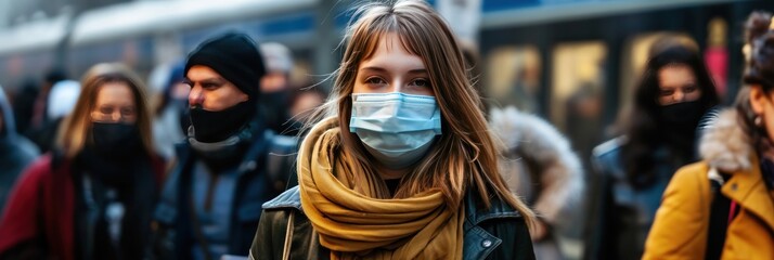 Fototapeta na wymiar Portrait of a girl in a medical mask on the background of the crowd. Medical Mask. Pandemic Concept. Healthcare Concept. Epidemic Concept.
