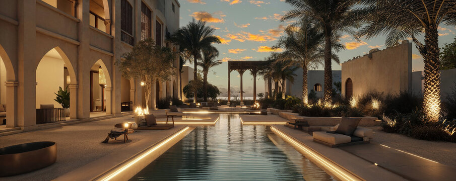 getaway destination of luxury resort hotel or palace garden landscaping design with arcade arcs and pool water feature for Arabia classic exotic tourism architecture design as wide banner