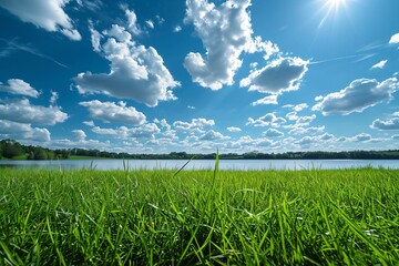 green grass field near lake under blue sky - obrazy, fototapety, plakaty