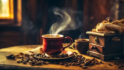 Foto auf Acrylglas Kaffee Bar Cup of coffee, grains vintage background morning
