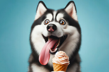 Siberian Husky dog with tongue hanging out and big bulging eyes eat ice cream cone on color background. ai generative