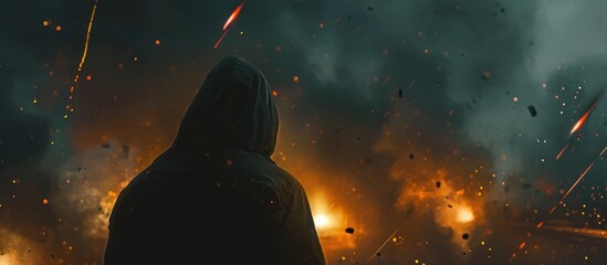 A hooded figure gazes at smoking debris as lights fall from the sky, creating light trails and a flare. - Powered by Adobe
