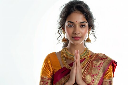 White backdrop with an appealing Indian woman in a saree praying or greeting guests, space, Generative AI.