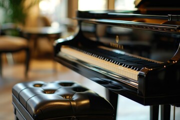 Close-up view of piano and black seat