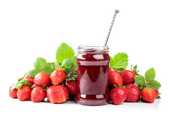 Strawberry jam and fresh berries are isolated on a white background.
