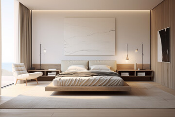 Light brown minimal bedroom interior design with modern bed and simple decoration