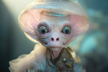 Light colored non-human biological creature in traditional clothing, alien concept. Generative ai