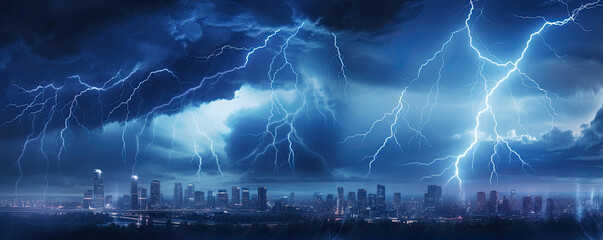 Lightning storms or striking over night city in blue light. - obrazy, fototapety, plakaty