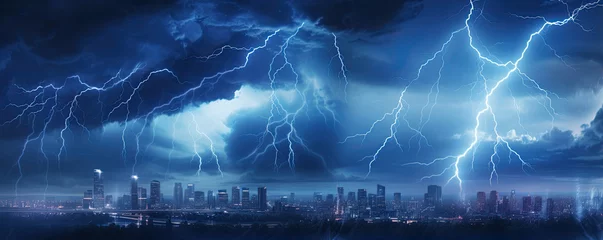 Fotobehang Lightning storms or striking over night city in blue light. © Sabrewolf