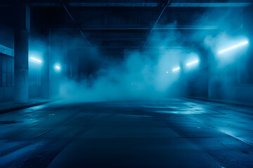 A dark empty street background with neon light and smoke float up the interior texture