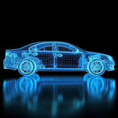 side view of sedan car blue wire frame blue prints isolated on black background with realistic reflection and perfect depth and shadows - obrazy, fototapety, plakaty