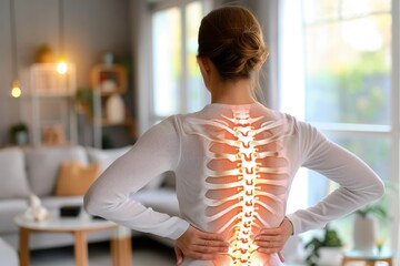 Shot with highlighted spine of woman with back pain - obrazy, fototapety, plakaty