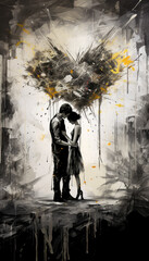 Obraz premium Love painting from 3 color tone brush strokes in black, white and yellow