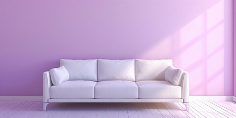 White modern couch against purple wall in empty room.