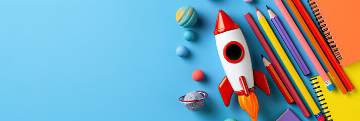 Red and White Toy Rocket Next to Colored Pencils